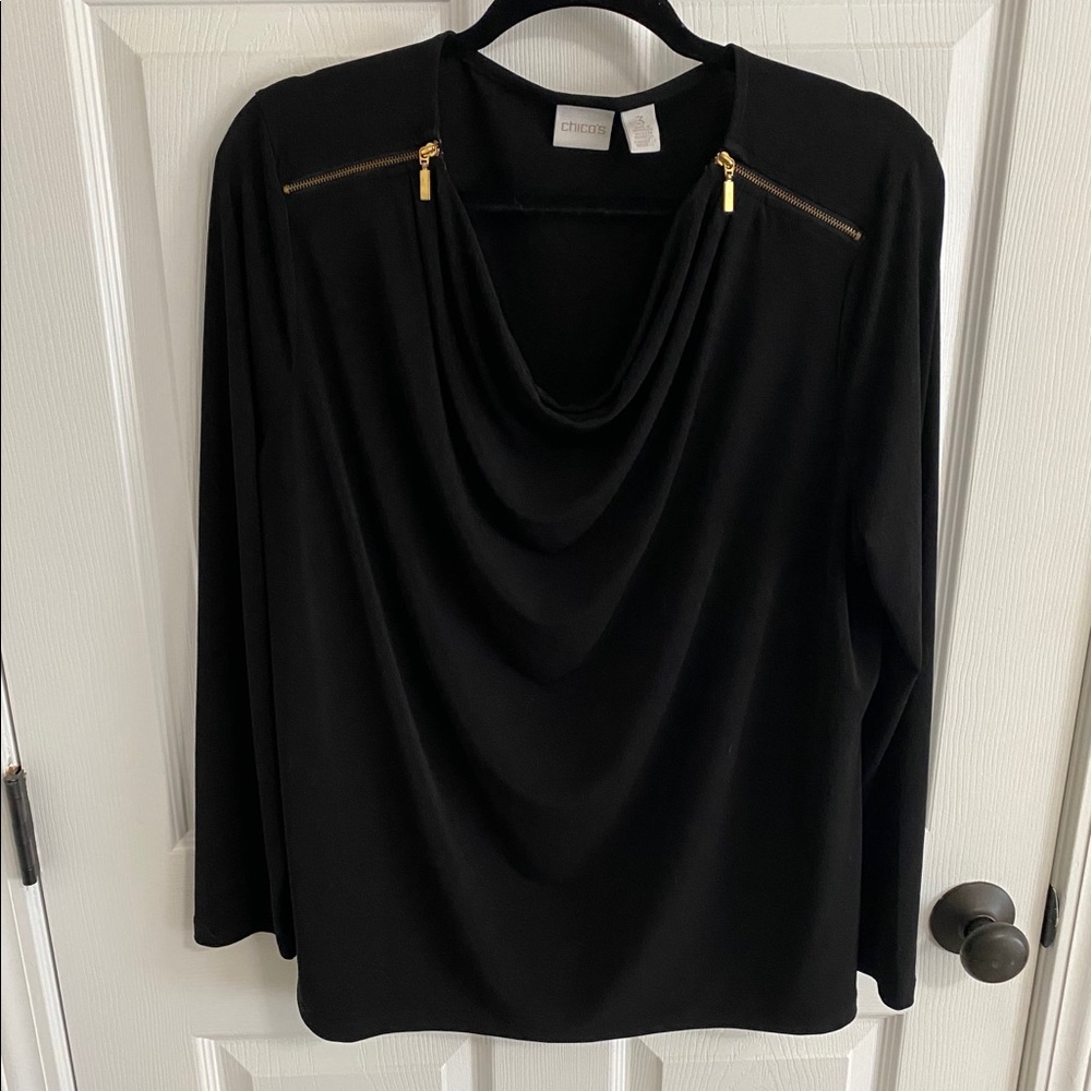 Black Silky Knit Top w/ Gold Zipper detail